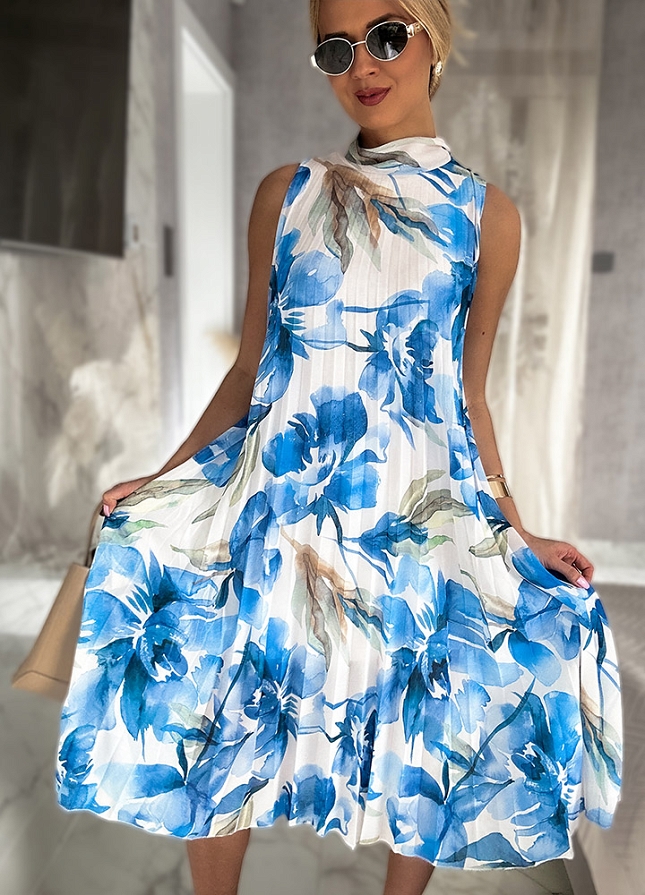 Plisowana sukienka MIDI w kwiatowym wzorze BLUE - N005A