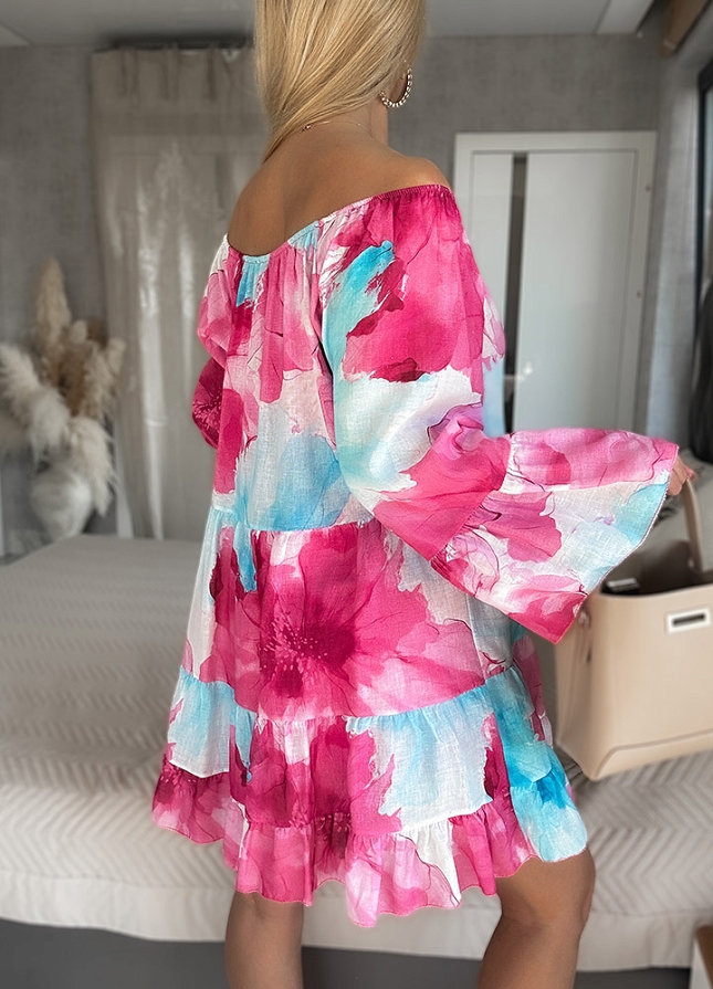 Lniana sukienka w różowo niebieskie kwiaty - M955