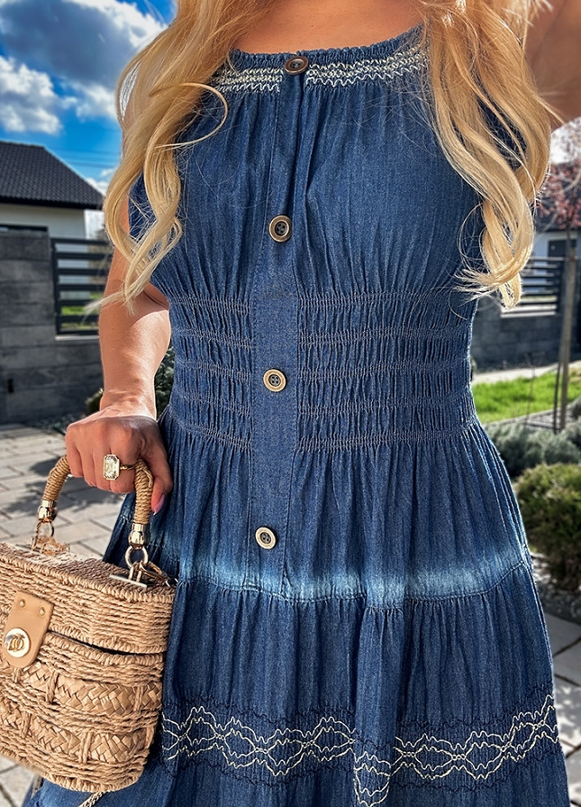Miękka jeansowa MAXI sukienka na ramiączkach DARK BLUE - M886A