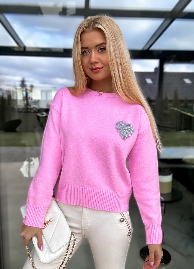 Różowy sweterek na wiosnę ze srebrnym serduszkiem - M741