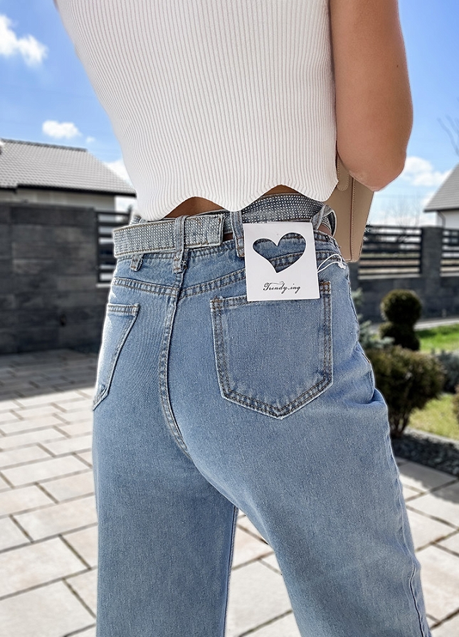 Modne proste spodnie jeansy z podwieszanym paskiem BLUE - M931