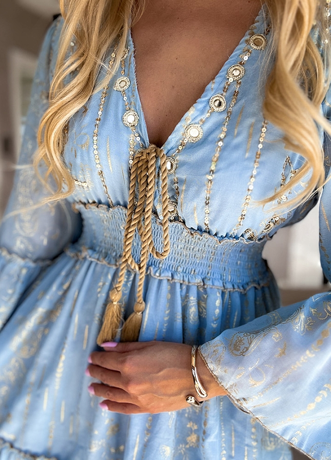 Wyjątkowa zwiewna PREMIUM sukienka ze złotymi dodatkami BAWEŁNIANA blue - N111