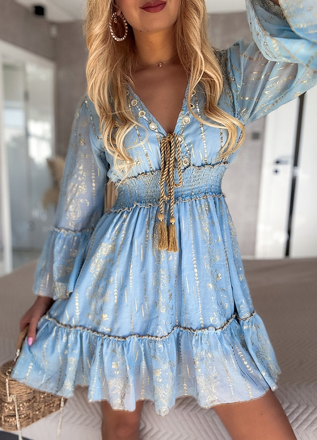 Wyjątkowa zwiewna PREMIUM sukienka ze złotymi dodatkami BAWEŁNIANA blue - N111