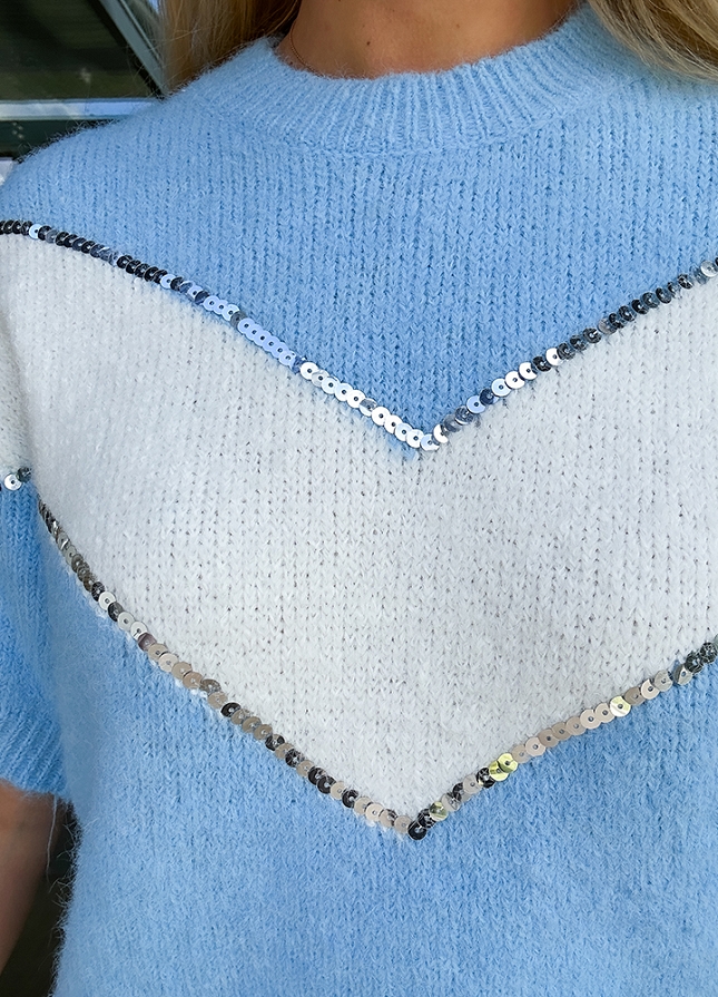 Sweter z krótkim rękawem zdobiony cekinami BABY BLUE - M784