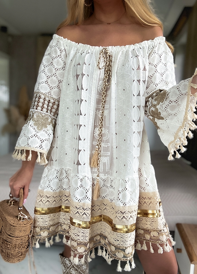 Letnia biała BOHO sukienka w stylu hiszpanki OVERSIZE złote cekiny - N049