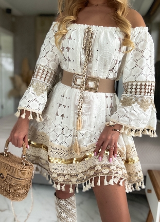 Letnia biała BOHO sukienka w stylu hiszpanki OVERSIZE złote cekiny - N049