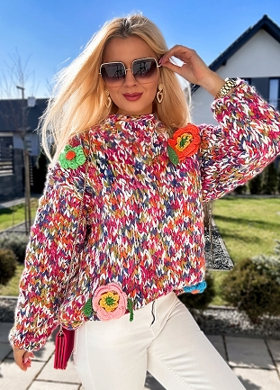 Grubo pleciony sweter w wiosenne kwiaty MULTI KOLOR hand made - M848