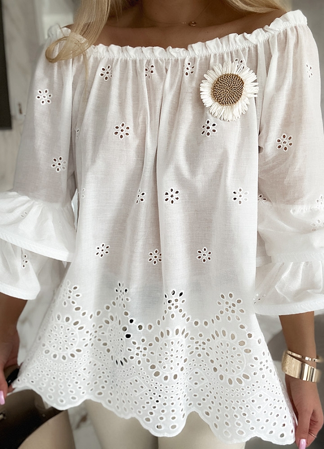Niesamowity komplet biała bluzka BOHO hiszpanka + jasno beżowe elastyczne spodnie - M996