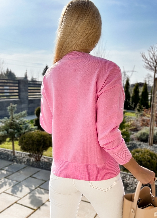Wyjątkowy RÓŻOWY sweter zdobiony PEREŁKAMI pink - M767