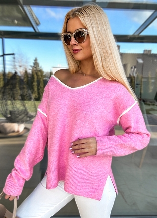 RÓŻOWY rewelacyjny wiosenny sweter z białą lamówką - M744