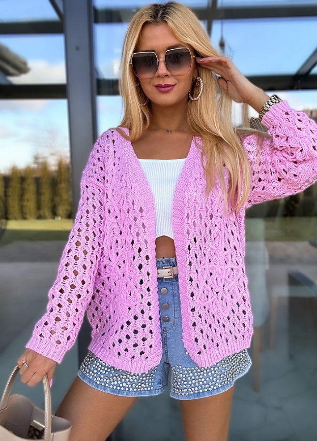 Wiosenny ażurowy sweter narzutka PINK z wiskozy - M717