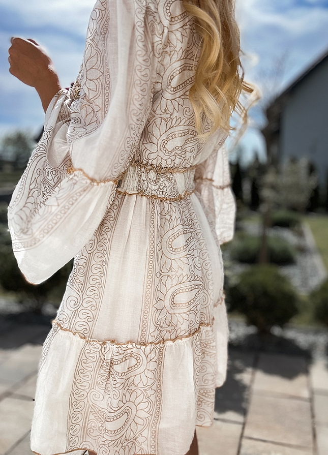 Rewelacyjna zwiewna PREMIUM sukienka ze złotymi dodatkami BAWEŁNIANA biała - N115