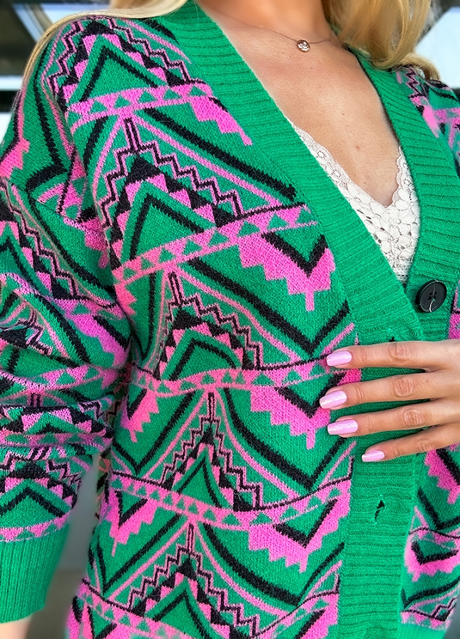 Rozpinany sweter w azteckie wzory ZIELONY - M706A