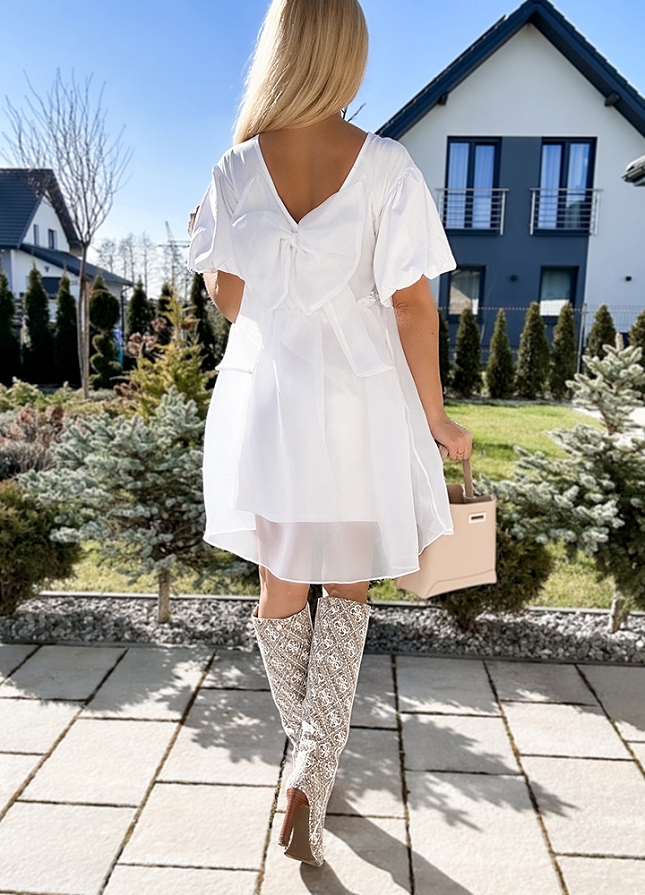 Biała bawełniana sukienka z TIULEM i kokardą - M963