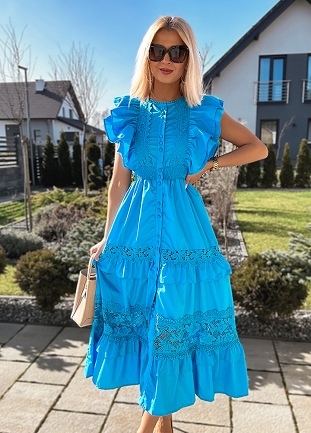MAXI sukienka taliowana z koronkami zapinana na mini guziki TURKUSOWA - M839