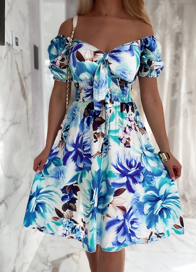 Sukienka w stylu hiszpanki w malowane kwiaty BLUE - N071B