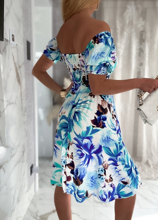 Sukienka w stylu hiszpanki w malowane kwiaty BLUE - N071B