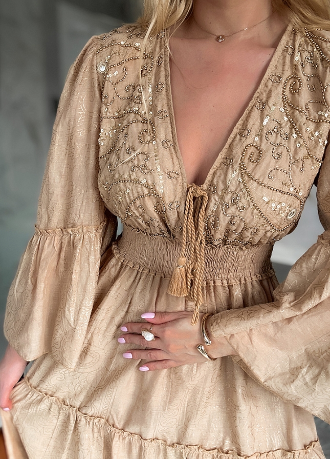 Rewelacyjna zwiewna PREMIUM sukienka ze złotymi dodatkami BAWEŁNIANA beżowa - N115A