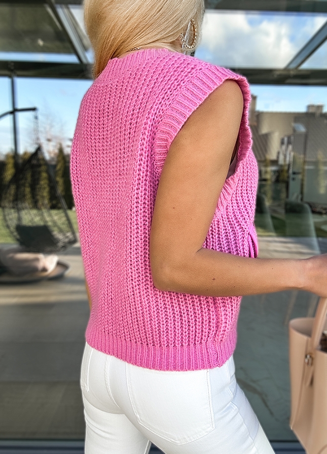 Modna kamizelka sweterkowa z kieszeniami z bawełną PINK - M595A