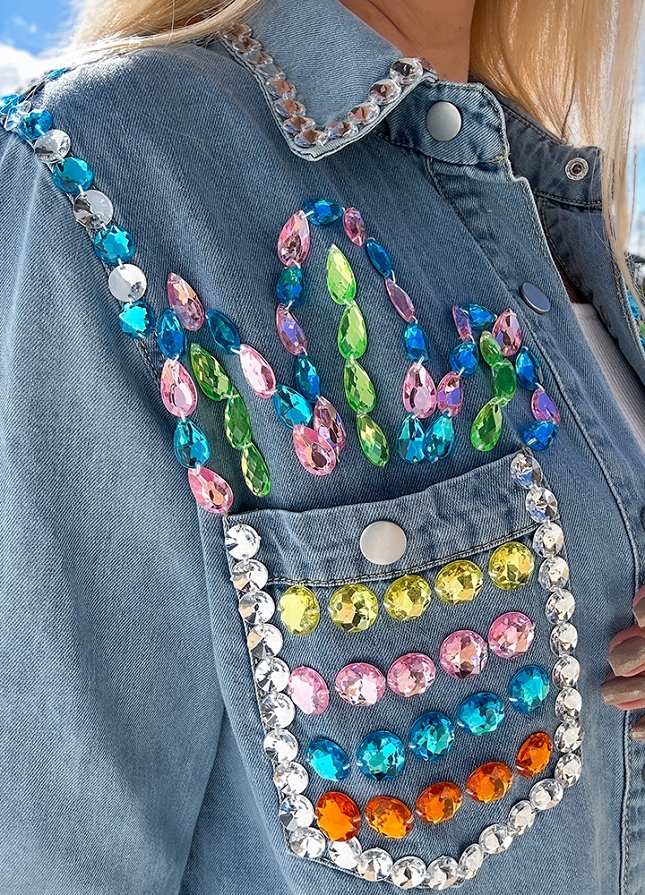Jeansowa koszula zapinana na BUTONY zdobiona kolorowymi kamieniami BLUE - M794