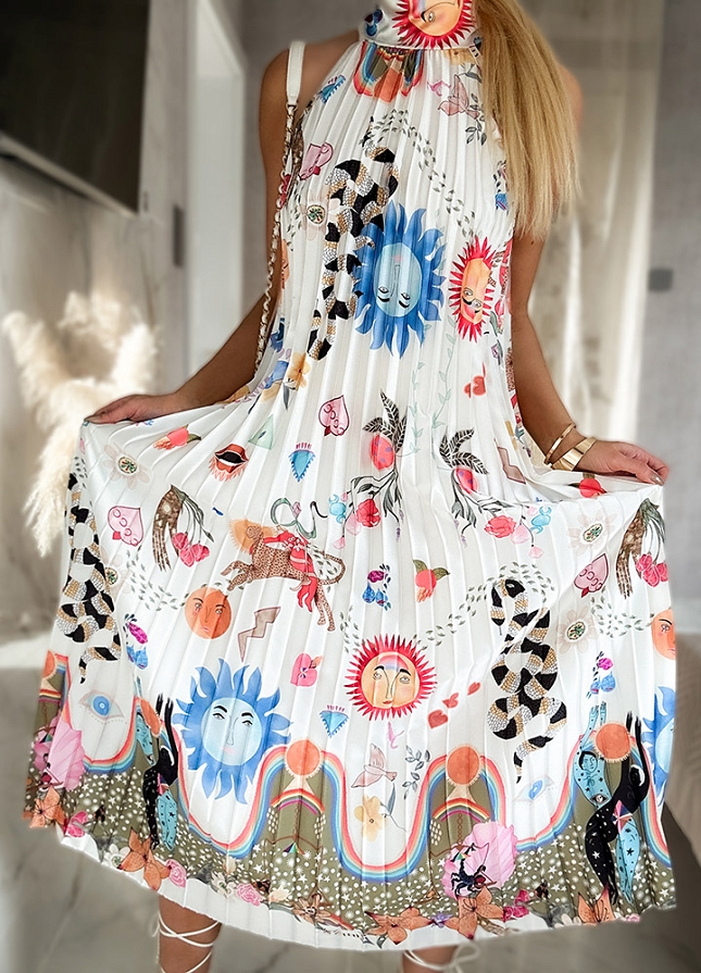 Niesamowita plisowana MAXI sukienka ze stójką i wiązaniem - N006