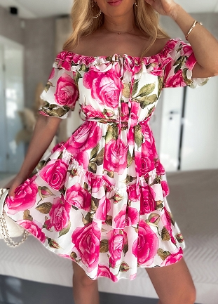 Piękna sukienka hiszpanka na wiosnę i lato w RÓŻOWE róże - N095