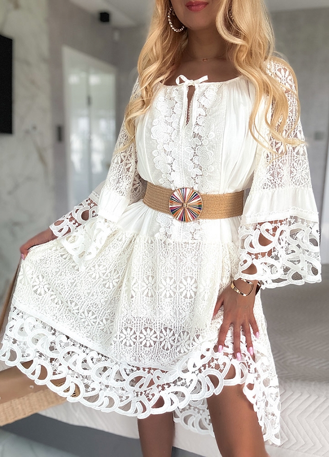 Letnia biała BOHO sukienka OVERSIZE z koronkami - M982