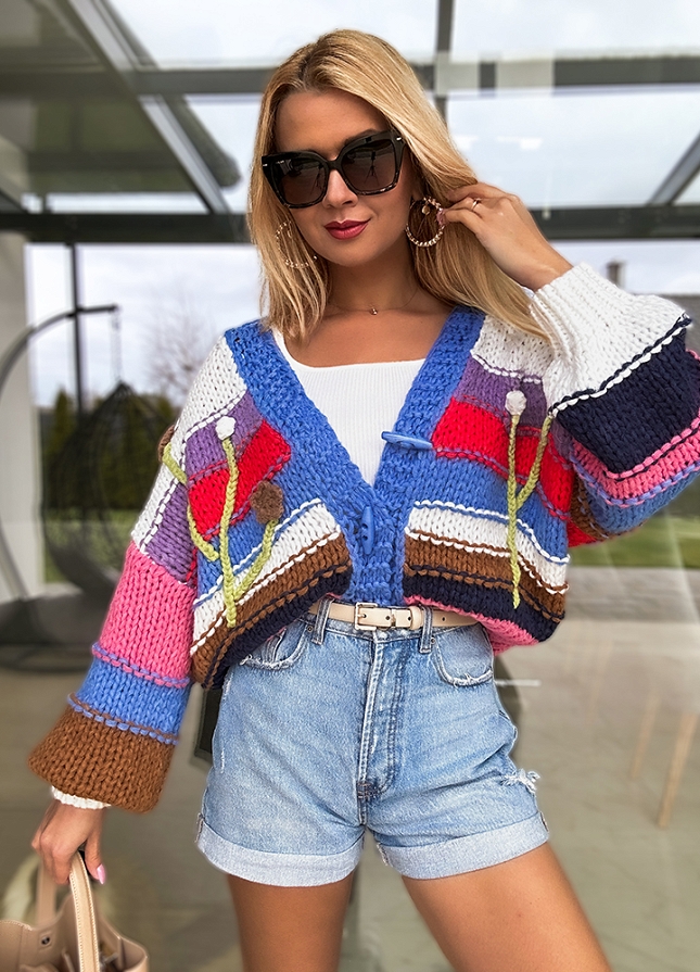 Bawełniany kolorowy sweter z ręcznie robionymi rękawami PREMIUM - M771