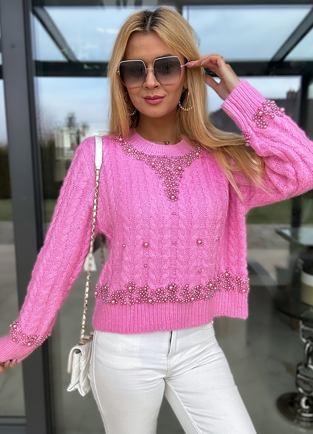 Genialny różowy sweter zdobiony różowymi perłami - M730