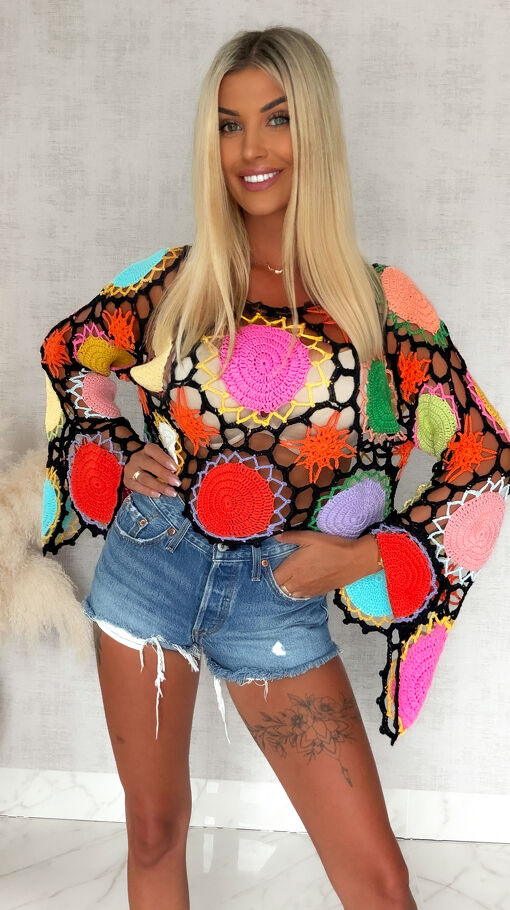 Czarna ażurowa bluzka szydełkowa na lato ONE SIZE - S141