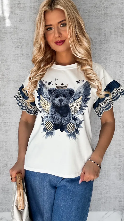 Biała bluzka t-shirt z niebieskimi dodatkami i misiem ONE SIZE - P609
