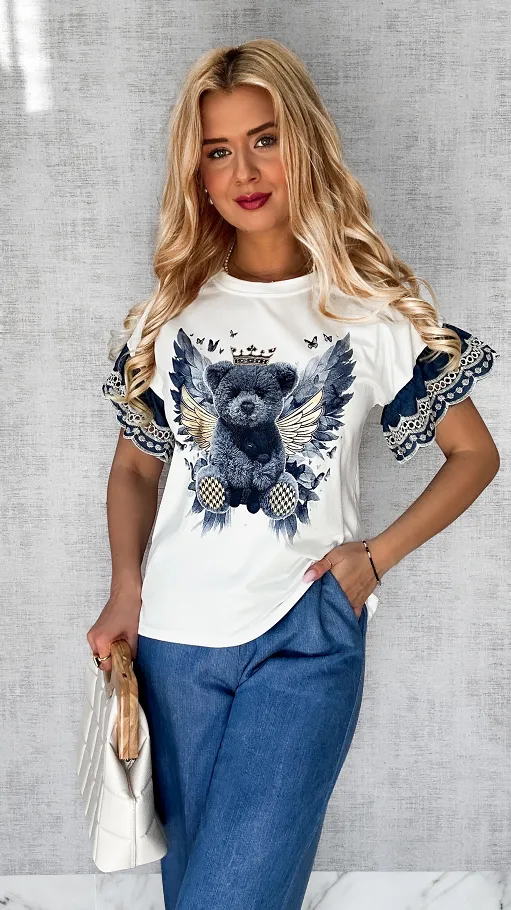 Biała bluzka t-shirt z niebieskimi dodatkami i misiem ONE SIZE - P609