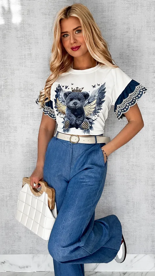 Biała bluzka t-shirt z niebieskimi dodatkami i misiem ONE SIZE - P609