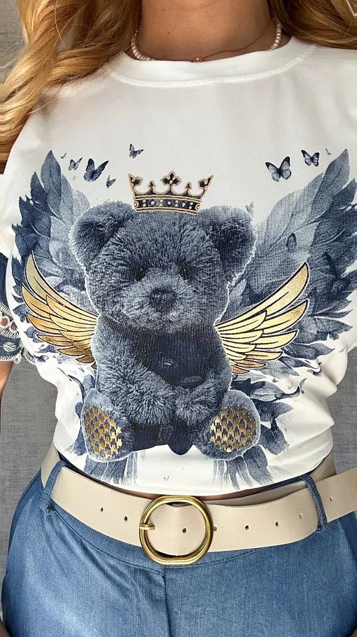 Biała bluzka t-shirt z niebieskimi dodatkami i misiem ONE SIZE - P609