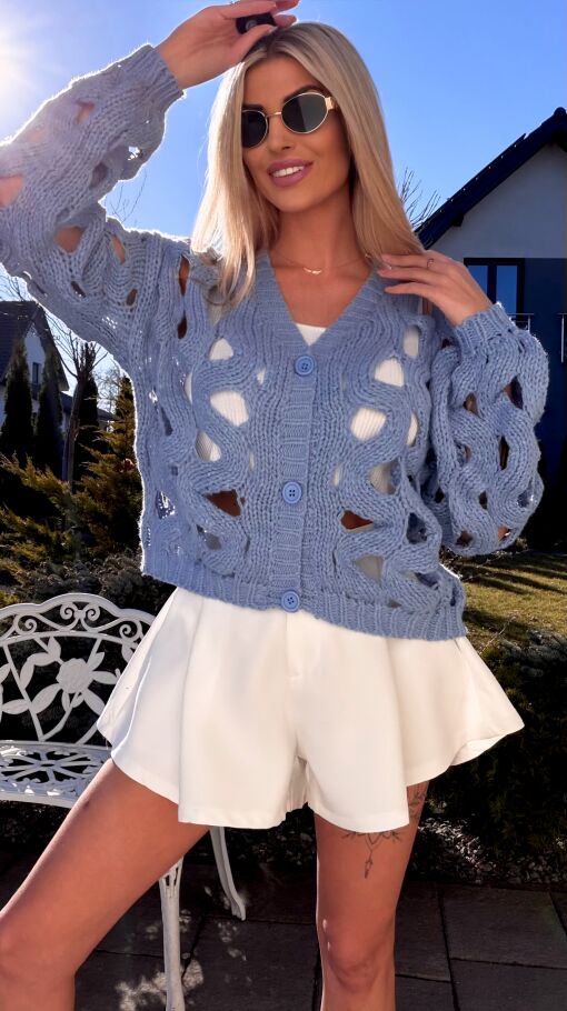 Modny ażurowy sweter z wiskozy BLUE one size - R772A