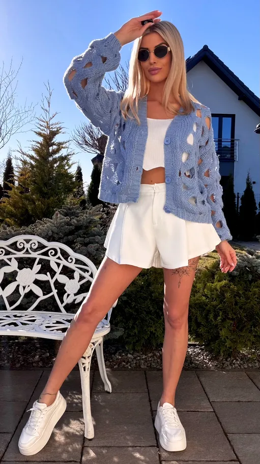 Modny ażurowy sweter z wiskozy BLUE one size - R772A