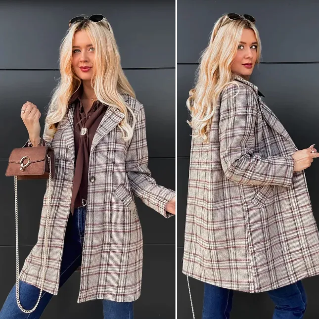 Lekki płaszcz marynarkowy na jesień w kratkę - R103