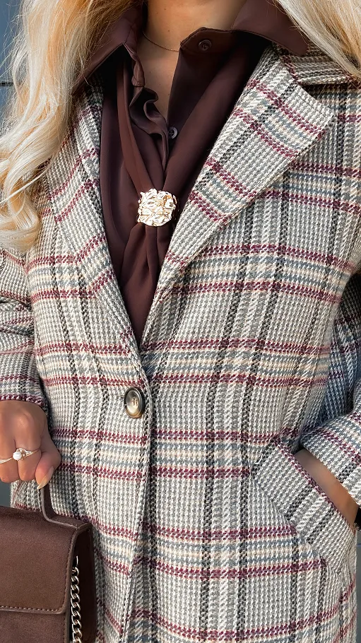 Lekki płaszcz marynarkowy na jesień w kratkę - R103