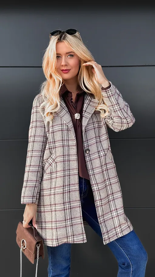 Lekki płaszcz marynarkowy na jesień w kratkę - R103
