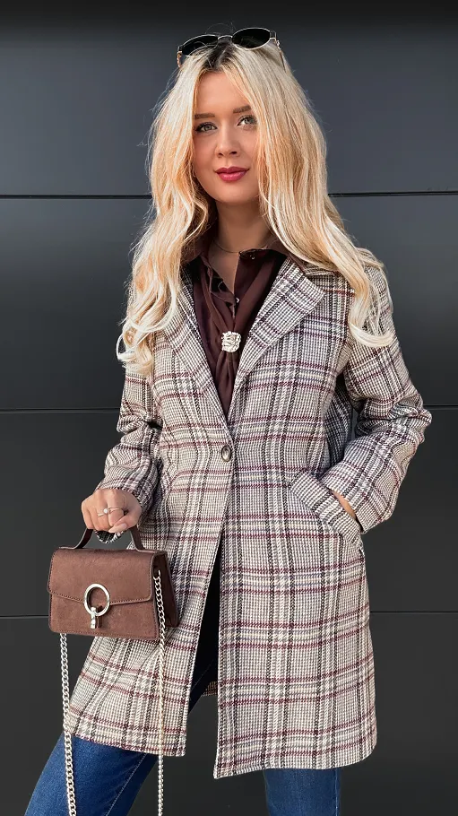Lekki płaszcz marynarkowy na jesień w kratkę - R103