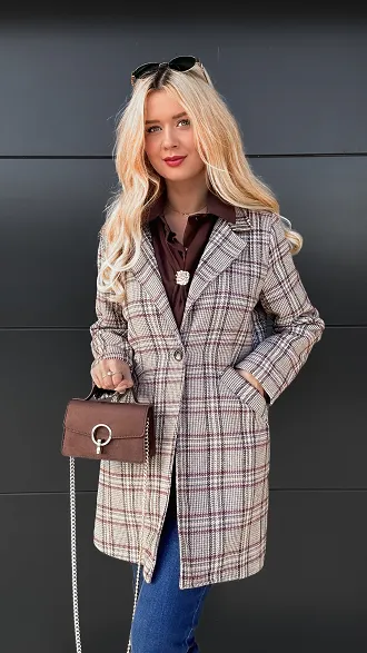 Lekki płaszcz marynarkowy na jesień w kratkę - R103