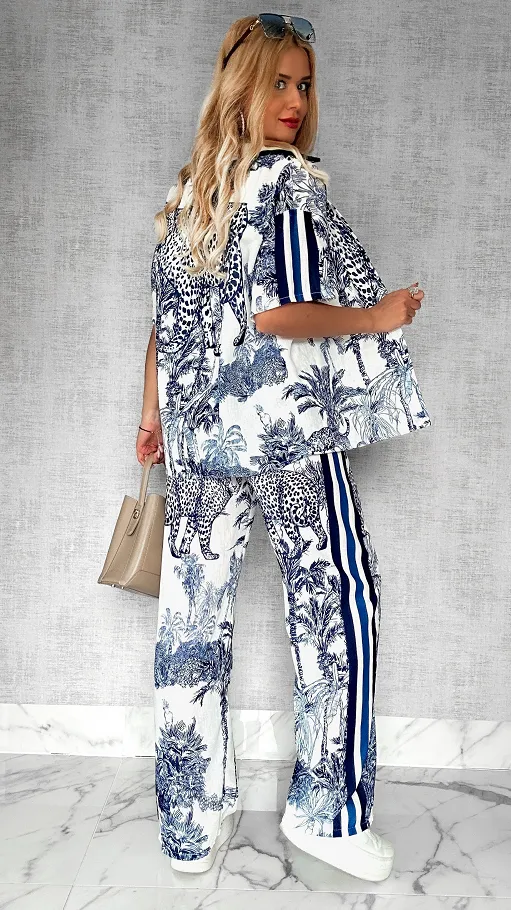 Stylowy lniany komplet BLUE zwierzęcy wzór ONE SIZE - P746