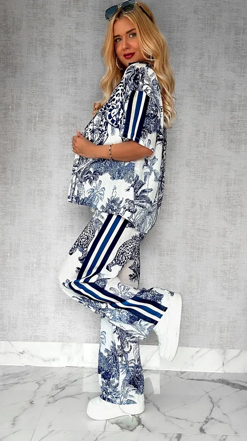 Stylowy lniany komplet BLUE zwierzęcy wzór ONE SIZE - P746
