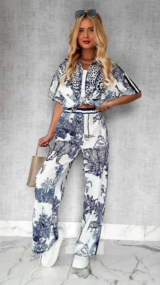 Stylowy lniany komplet BLUE zwierzęcy wzór ONE SIZE - P746