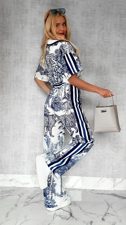 Stylowy lniany komplet BLUE zwierzęcy wzór ONE SIZE - P746