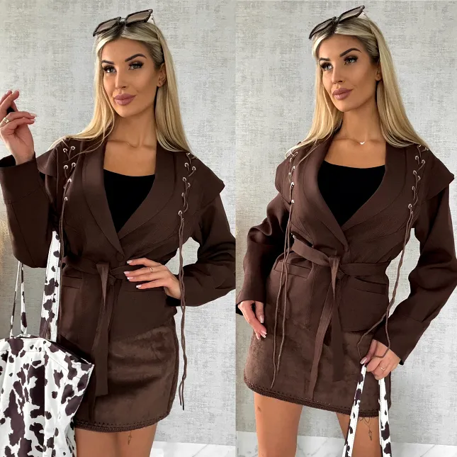 Modna CZEKOLADOWA kurtka przejściowa z wiązaniami ONE SIZE - R489A