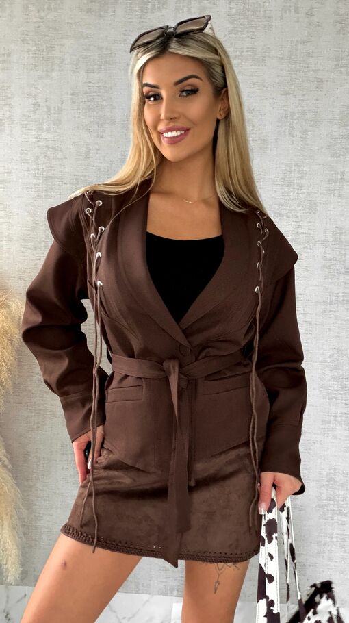 Modna CZEKOLADOWA kurtka przejściowa z wiązaniami ONE SIZE - R489A