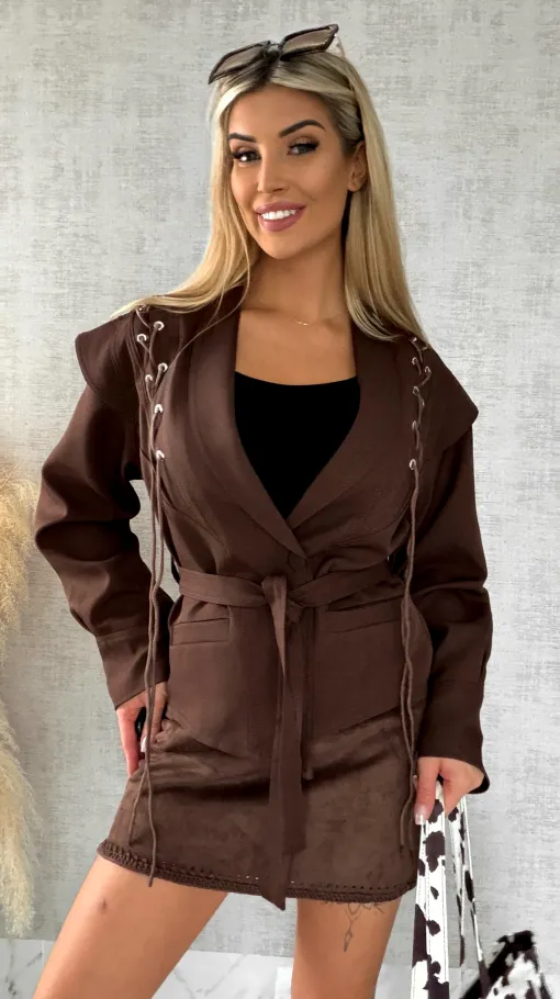 Modna CZEKOLADOWA kurtka przejściowa z wiązaniami ONE SIZE - R489A