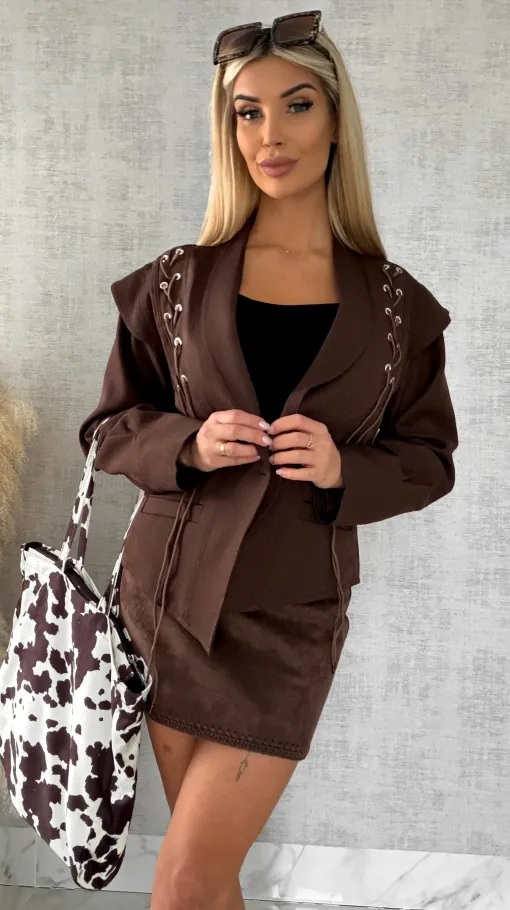 Modna CZEKOLADOWA kurtka przejściowa z wiązaniami ONE SIZE - R489A