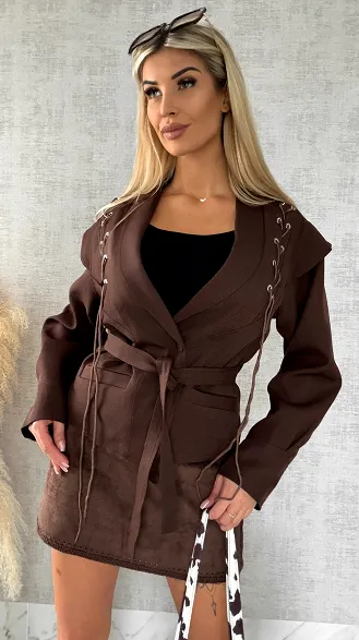 Modna CZEKOLADOWA kurtka przejściowa z wiązaniami ONE SIZE - R489A